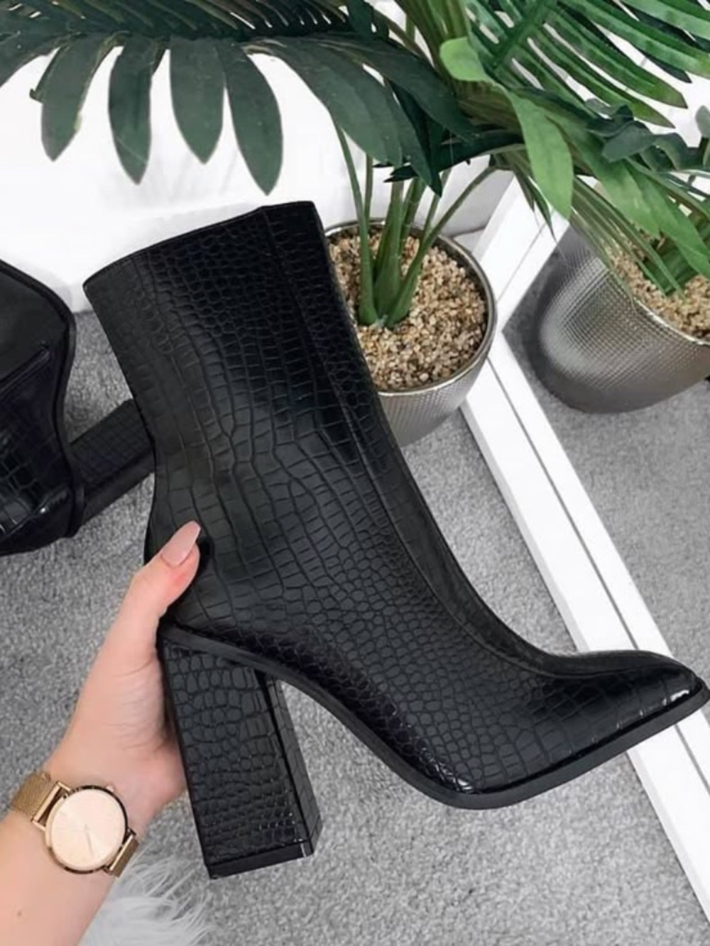 Public Desire Slick Black Croc Square Toe Block Heeled Ankle Boots US 10